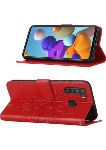 Galaxy A21 Için Kelebek Pu Deri Çevirmeli Cüzdan Stand Telefon Kılıfı - Kırmızı (Yurt Dışından)