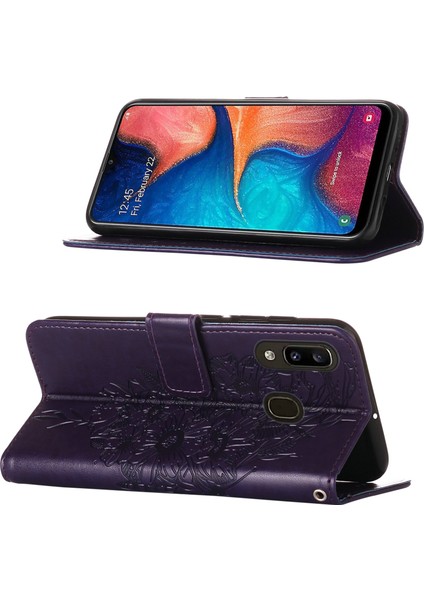 Galaxy A20 / A30 Için Kelebek Pu Deri Çevirmeli Cüzdan Stand Telefon Kılıfı - Mor (Yurt Dışından)