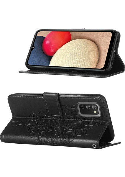 Galaxy A02S Için Kelebek Pu Deri Çevirmeli Cüzdan Stand Telefon Kılıfı - Siyah (Yurt Dışından)