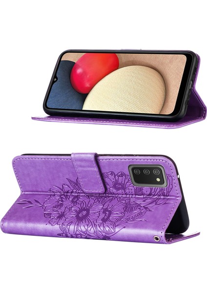 Galaxy A02S Için Kelebek Pu Deri Çevirmeli Cüzdan Stand Telefon Kılıfı - Açık Mor (Yurt Dışından)