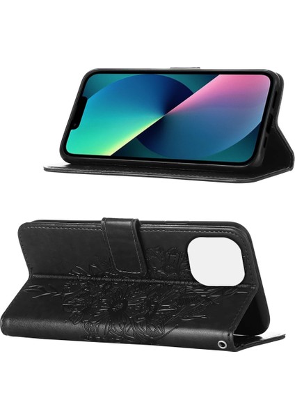 iPhone 13 Pro Max Için Kelebek Pu Deri Çevirmeli Cüzdan Stand Telefon Kılıfı - Siyah (Yurt Dışından)