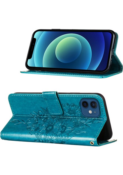 iPhone 12 Mini Için Kelebek Pu Deri Çevirmeli Cüzdan Stand Telefon Kılıfı - Mavi (Yurt Dışından)
