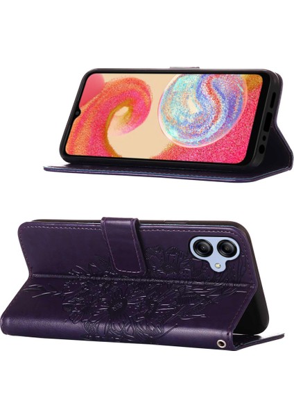 Galaxy A04E Için Kelebek Pu Deri Çevirmeli Cüzdan Stand Telefon Kılıfı - Mor (Yurt Dışından)