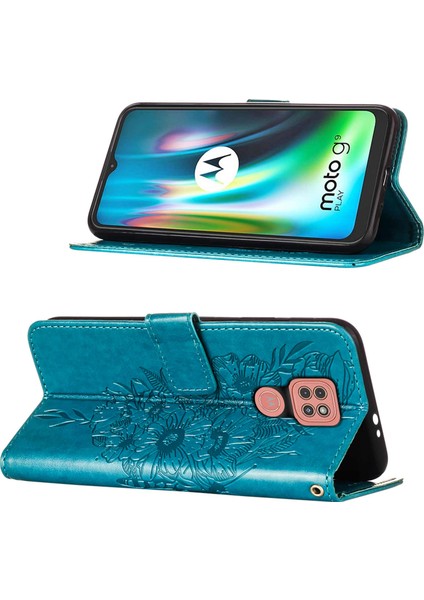 Moto G9 / G9 Play / E7 Plus Için Kelebek Pu Deri Çevirmeli Cüzdan Stand Telefon Kılıfı - Mavi (Yurt Dışından)