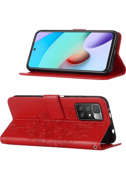 Redmi 10 / 10 Prime Için Kelebek Pu Deri Çevirmeli Cüzdan Stand Telefon Kılıfı - Kırmızı (Yurt Dışından)