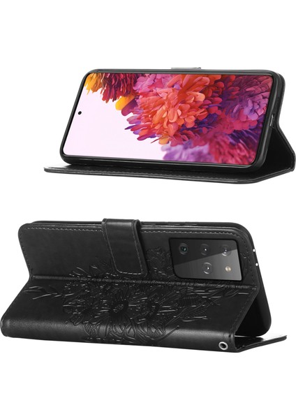 Galaxy S21 Ultra 5g Için Kelebek Pu Deri Çevirmeli Cüzdan Stand Telefon Kılıfı - Siyah (Yurt Dışından)