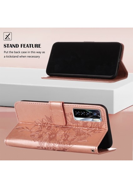 Camon 17 Pro Için Kelebek Pu Deri Çevirmeli Cüzdan Stand Telefon Kılıfı - Rose Gold (Yurt Dışından)