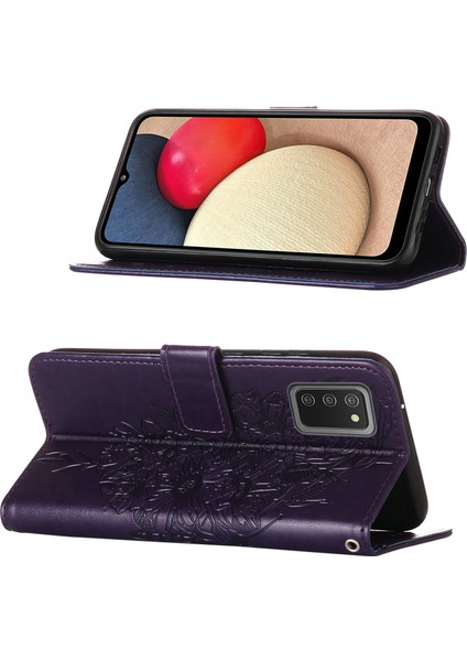Galaxy A02S Için Kelebek Pu Deri Çevirmeli Cüzdan Stand Telefon Kılıfı - Mor (Yurt Dışından)