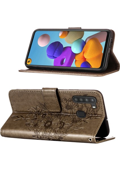 Galaxy A21 Için Kelebek Pu Deri Çevirmeli Cüzdan Stand Telefon Kılıfı - Gri (Yurt Dışından)