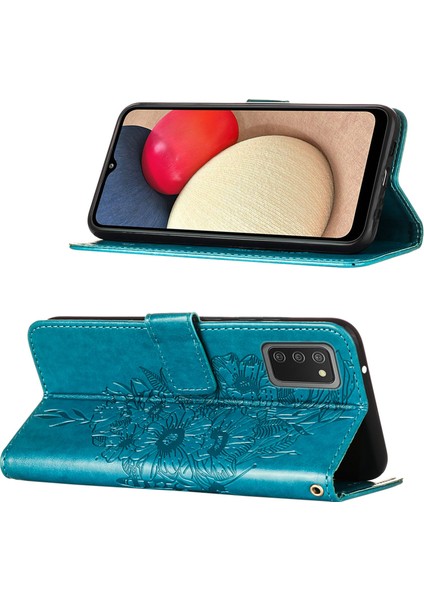 Galaxy A02S Için Kelebek Pu Deri Çevirmeli Cüzdan Stand Telefon Kılıfı - Mavi (Yurt Dışından)