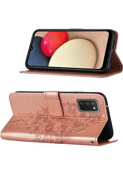 Galaxy A02S Için Kelebek Pu Deri Çevirmeli Cüzdan Stand Telefon Kılıfı - Rose Gold (Yurt Dışından)