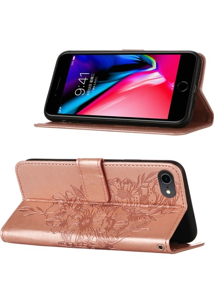 iPhone Se 2020 / 8 / 7 / 6s / 6 Için Kelebek Pu Deri Çevirmeli Cüzdan Stand Telefon Kılıfı - Rose Gold (Yurt Dışından)