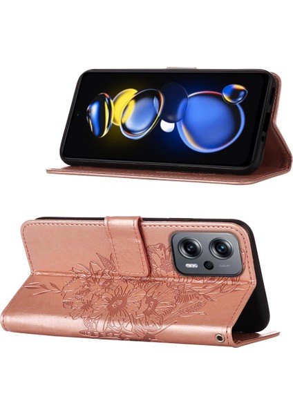 Poco X4 Gt 5g Için Kelebek Pu Deri Çevirmeli Cüzdan Stand Telefon Kılıfı - Rose Gold (Yurt Dışından)