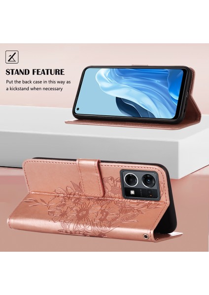 Reno7 4g / F21 Pro Için Kelebek Pu Deri Çevirmeli Cüzdan Stand Telefon Kılıfı - Rose Gold (Yurt Dışından)