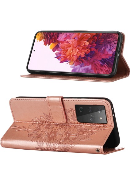 Galaxy S21 Ultra 5g Için Kelebek Pu Deri Çevirmeli Cüzdan Stand Telefon Kılıfı - Rose Gold (Yurt Dışından)