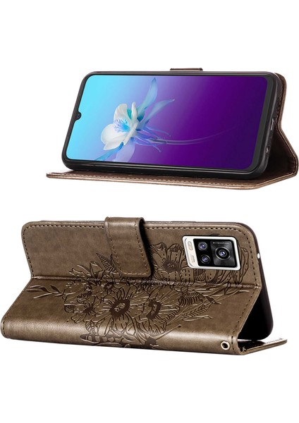 V20 / V21E 4g / Y73 2021 Için Kelebek Pu Deri Çevirmeli Cüzdan Stand Telefon Kılıfı - Gri (Yurt Dışından)