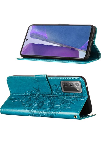 Galaxy Note 20 4g / 5g Için Kelebek Pu Deri Çevirmeli Cüzdan Stand Telefon Kılıfı - Mavi (Yurt Dışından)