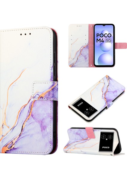 Poco M4 5g / Poco M5 5g Için Mermer Desenli Pu Deri Cüzdan Telefon Kılıfı - Beyaz / Mor (Yurt Dışından)