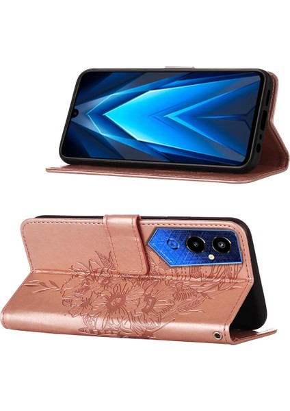 Pova 4 Pro Için Kelebek Pu Deri Çevirmeli Cüzdan Stand Telefon Kılıfı - Rose Gold (Yurt Dışından)