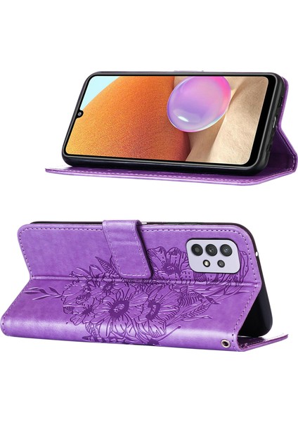 Galaxy A32 5g Için Kelebek Pu Deri Çevirmeli Cüzdan Stand Telefon Kılıfı - Açık Mor (Yurt Dışından)