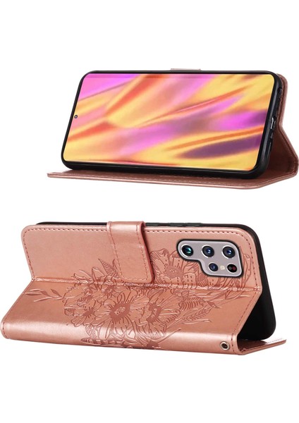 Galaxy S22 Ultra Için Kelebek Pu Deri Çevirmeli Cüzdan Stand Telefon Kılıfı - Rose Gold (Yurt Dışından)