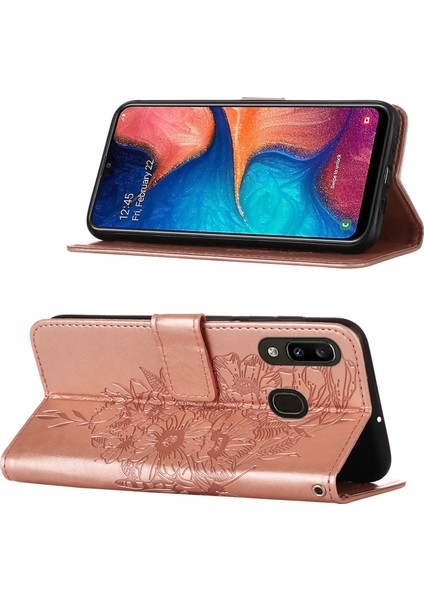 Galaxy A20 / A30 Için Kelebek Pu Deri Çevirmeli Cüzdan Stand Telefon Kılıfı - Rose Gold (Yurt Dışından)
