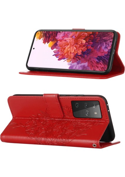 Galaxy S21 Ultra 5g Için Kelebek Pu Deri Çevirmeli Cüzdan Stand Telefon Kılıfı - Kırmızı (Yurt Dışından)