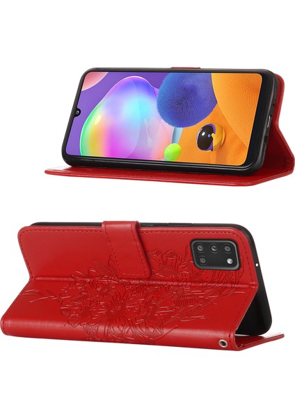 Galaxy A31 Için Kelebek Pu Deri Çevirmeli Cüzdan Stand Telefon Kılıfı - Kırmızı (Yurt Dışından)