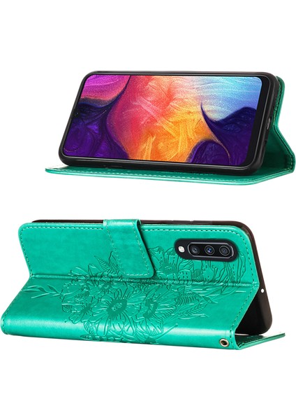 Galaxy A50 / A30S / A50S Için Kelebek Pu Deri Çevirmeli Cüzdan Stand Telefon Kılıfı - Yeşil (Yurt Dışından)
