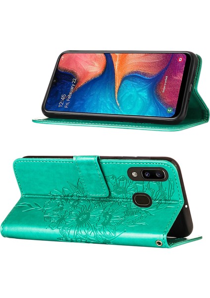 Galaxy A20 / A30 Için Kelebek Pu Deri Çevirmeli Cüzdan Stand Telefon Kılıfı - Yeşil (Yurt Dışından)