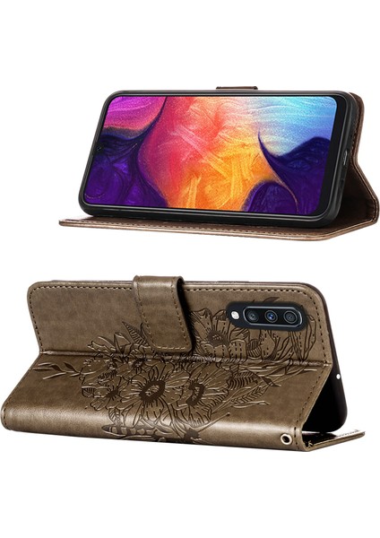 Galaxy A50 / A30S / A50S Için Kelebek Pu Deri Çevirmeli Cüzdan Stand Telefon Kılıfı - Gri (Yurt Dışından)