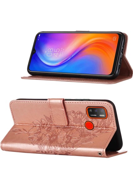 Spark 5 Air / Spark 6 Air Için Kelebek Pu Deri Çevirmeli Cüzdan Stand Telefon Kılıfı - Rose Gold (Yurt Dışından)