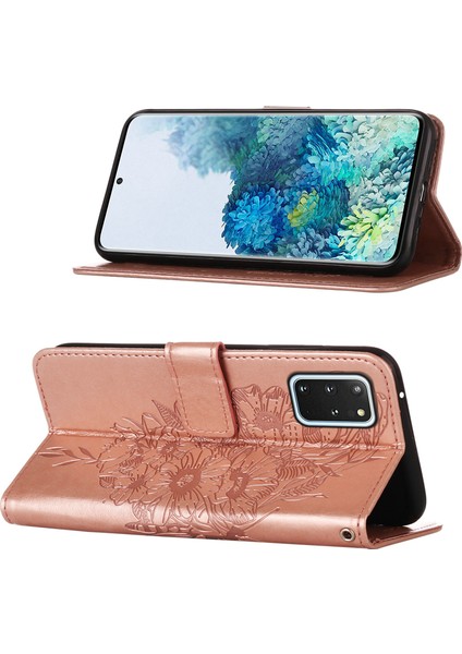 Galaxy S20 Plus Için Kelebek Pu Deri Çevirmeli Cüzdan Stand Telefon Kılıfı - Rose Gold (Yurt Dışından)