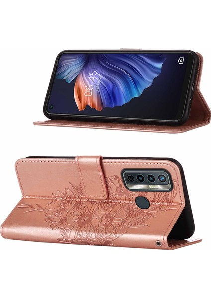 Camon 17 Için Kelebek Pu Deri Çevirmeli Cüzdan Stand Telefon Kılıfı - Rose Gold (Yurt Dışından)