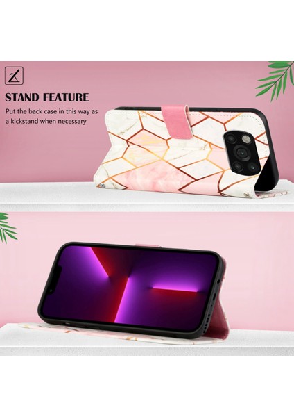 Poco X3 Nfc / X3 / X3 Pro Için Mermer Desenli Pu Deri Cüzdan Telefon Kılıfı - Pembe / Beyaz (Yurt Dışından)