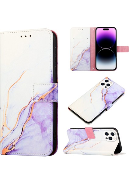 iPhone 14 Pro Max Için Mermer Desenli Pu Deri Cüzdan Telefon Kılıfı - Beyaz / Mor (Yurt Dışından)