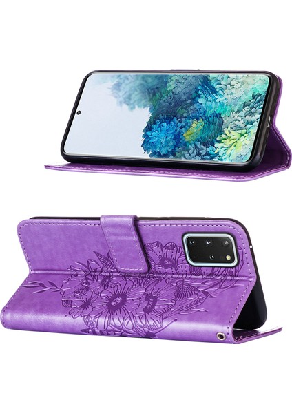 Galaxy S20 Plus Için Kelebek Pu Deri Çevirmeli Cüzdan Stand Telefon Kılıfı - Açık Mor (Yurt Dışından)