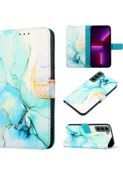 Galaxy S22 Plus Için Mermer Desenli Pu Deri Cüzdan Telefon Kılıfı - Yeşil (Yurt Dışından)
