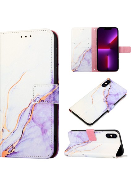 iPhone x / iPhone Xs Için Mermer Desenli Pu Deri Cüzdan Telefon Kılıfı - Beyaz / Mor (Yurt Dışından)