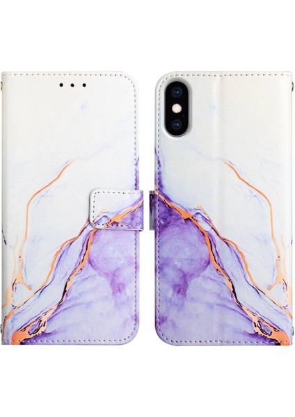 iPhone x / iPhone Xs Için Mermer Desenli Pu Deri Cüzdan Telefon Kılıfı - Beyaz / Mor (Yurt Dışından)