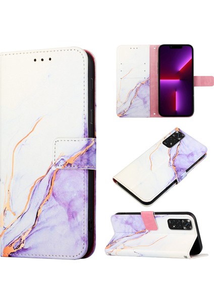 Redmi Note 11S / NOTE11 4g Için Mermer Desenli Pu Deri Cüzdan Telefon Kılıfı - Beyaz / Mor (Yurt Dışından)