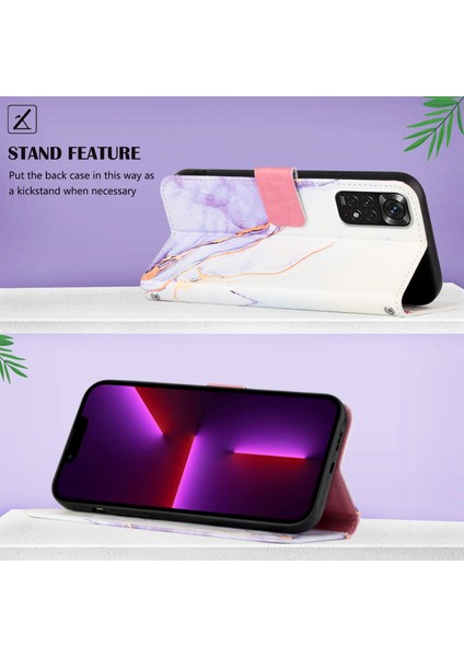 Redmi Note 11S / NOTE11 4g Için Mermer Desenli Pu Deri Cüzdan Telefon Kılıfı - Beyaz / Mor (Yurt Dışından)