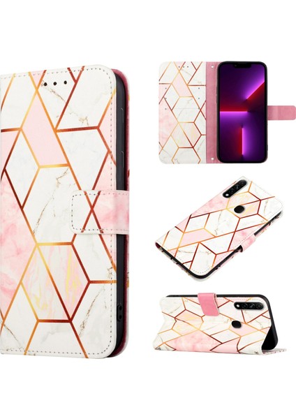 A8 A31 Için Mermer Desenli Pu Deri Cüzdan Telefon Kılıfı - Pembe / Beyaz (Yurt Dışından)