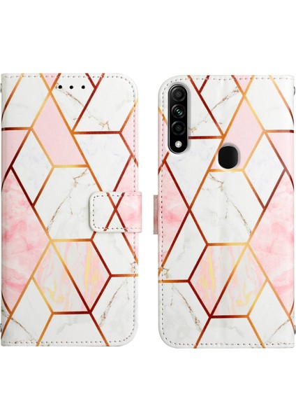 A8 A31 Için Mermer Desenli Pu Deri Cüzdan Telefon Kılıfı - Pembe / Beyaz (Yurt Dışından)