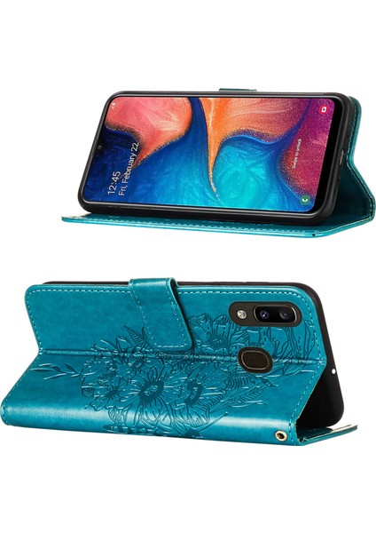 Galaxy A20 / A30 Için Kelebek Pu Deri Çevirmeli Cüzdan Stand Telefon Kılıfı - Mavi (Yurt Dışından)