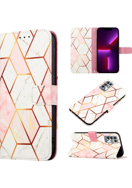 Note 10 / Note 11I Için Mermer Desenli Pu Deri Cüzdan Telefon Kılıfı - Pembe / Beyaz (Yurt Dışından)
