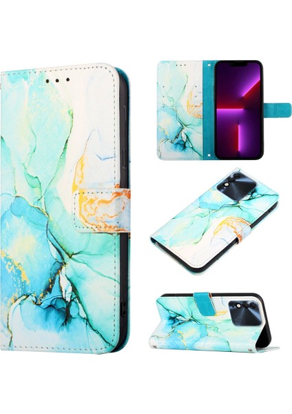 Spark 8 Kg6 Için Mermer Desenli Pu Deri Cüzdan Telefon Kılıfı - Yeşil (Yurt Dışından)