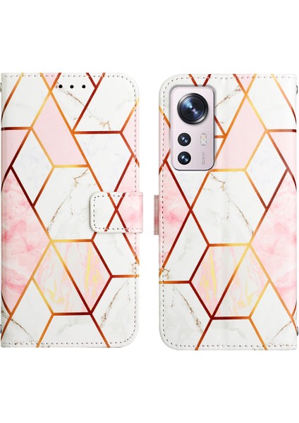 12 Pro Için Mermer Desenli Pu Deri Cüzdan Telefon Kılıfı - Pembe / Beyaz (Yurt Dışından)