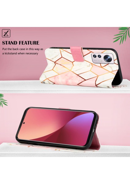 12 Pro Için Mermer Desenli Pu Deri Cüzdan Telefon Kılıfı - Pembe / Beyaz (Yurt Dışından)
