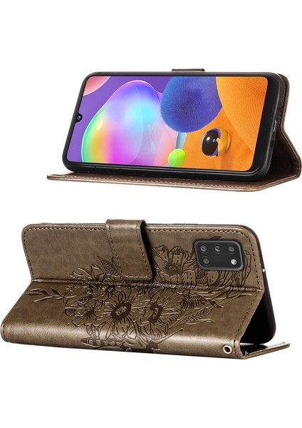 Galaxy A21S Için Kelebek Pu Deri Çevirmeli Cüzdan Stand Telefon Kılıfı - Gri (Yurt Dışından)